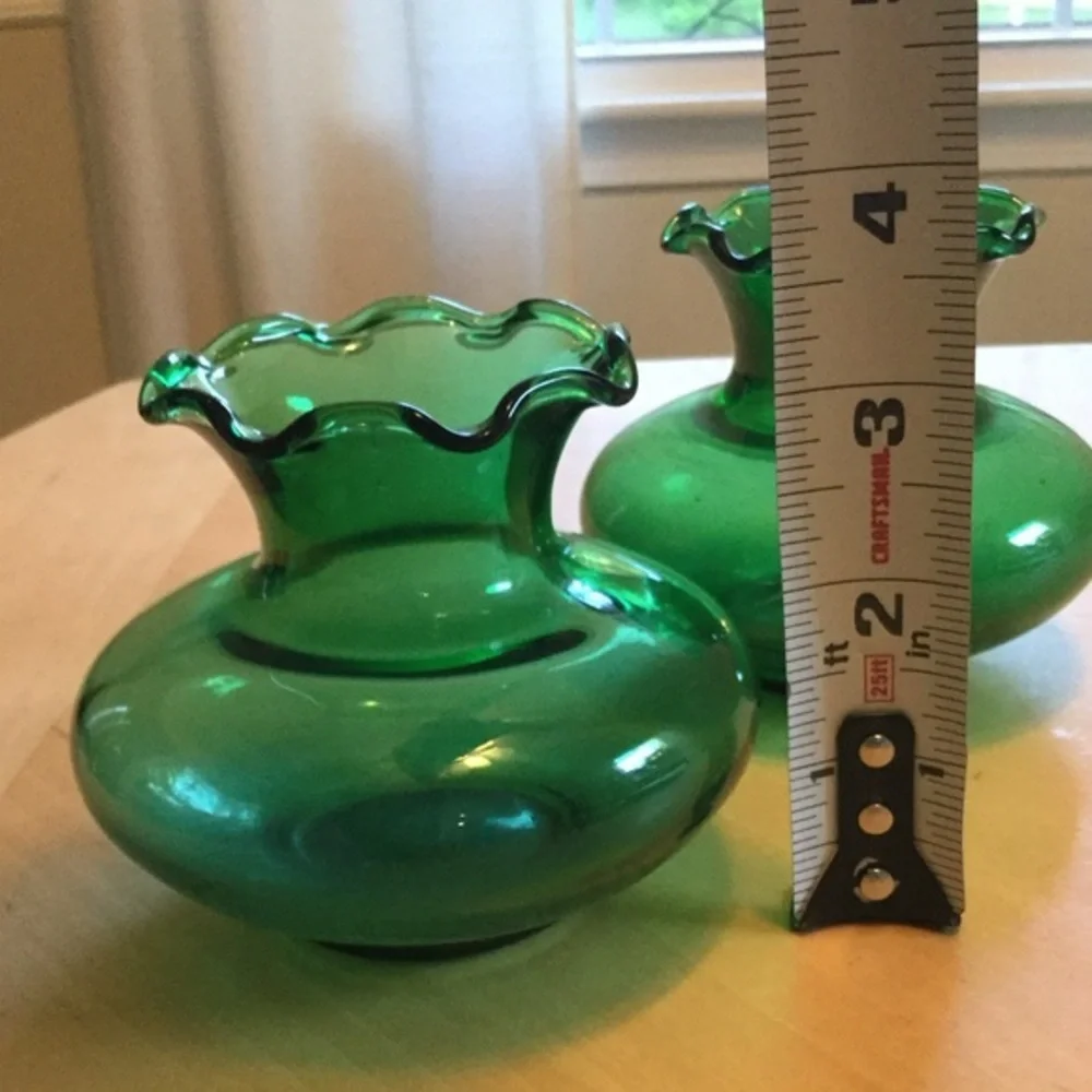 Vintage Green Glass Vases Ruffled Top Set of 2